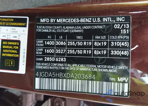 2013 Mercedes-Benz Ml 350 4Matic from USA, damaged, VIN 4JGDA5HBXDA203684